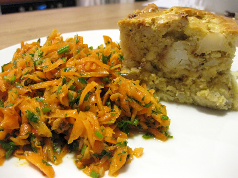 Cauliflower "Cake" and herbed carrot salad with harissa dressing