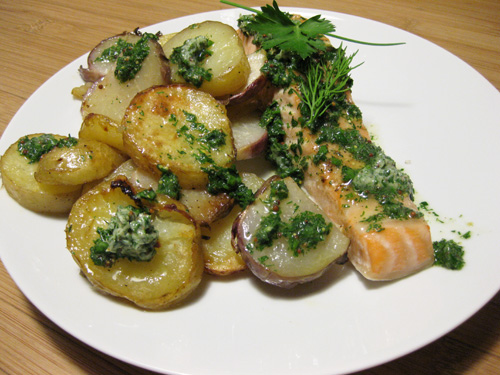 Roast salmon, potatoes, and kohlrabi with mustard-herb butter