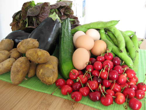 Lettuce, cucumber, fava beans, cherries, eggs, potatoes, eggplants