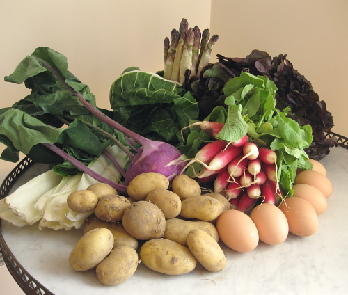 Swiss chard, kohlrabi, white asparagus, lettuce, radishes, eggs, potatoes